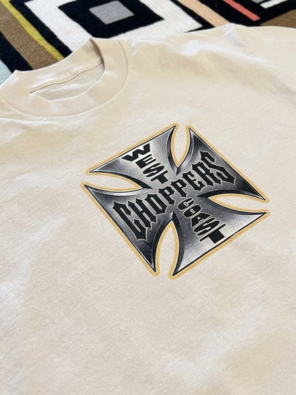 Gildan Cream Long Sleeve Tee with Black and Gold Cross Graphic